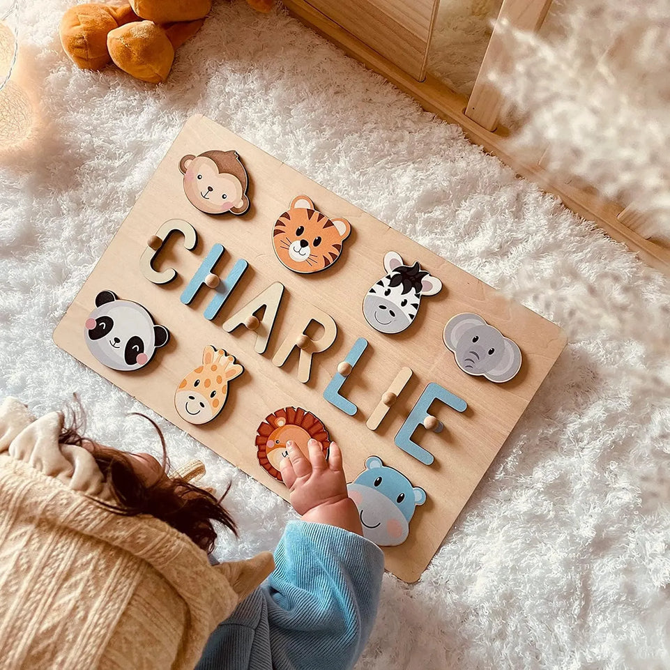 Personalized Name Puzzle for Kids Personalized Selection of Wooden Supports Elements Preschool Pegged Puzzles 1st Birthday Gift